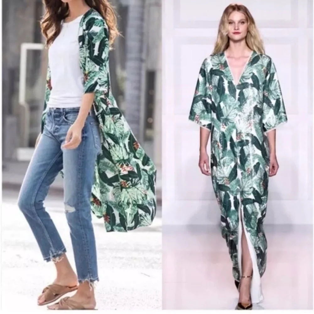 RACHAEL ZOE Resort Beach Palm Print 3/4 SLV Tassel Cover-Up Duster Kimono SZ O/S